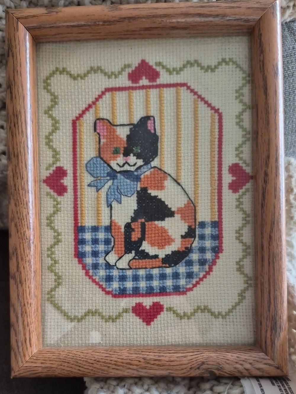 Calico Cat Cross-Stitch Wall Art - Blue Ribbon Accent 6x8
